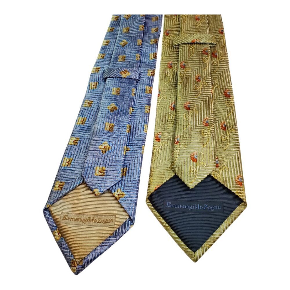 Ermenegildo Zegna 2 Luxury Silk Ties Elegant Floral &Geometric Pattern Blue Gold - Picture 7 of 9